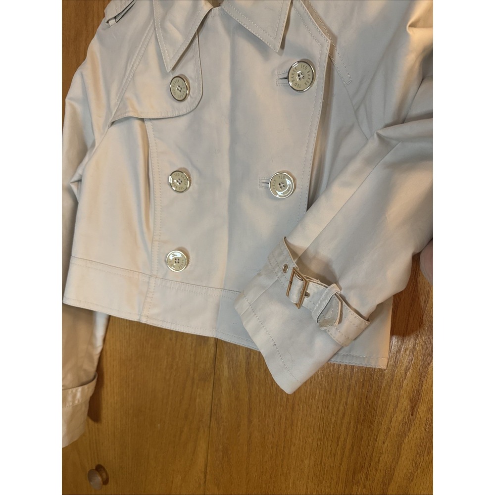 Ted Baker Wms Beige Trench Coat Cropped Dble Breast Sz 2 US 4-6 S Neutral Jacket - Picture 15 of 16